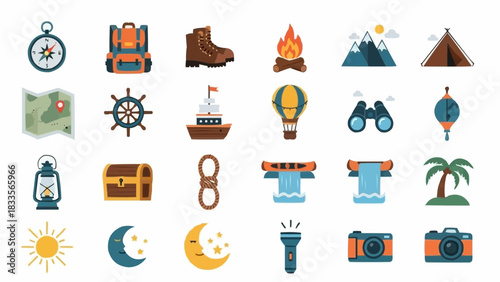 Collection of camping and adventure themed icons for travel and outdoor activities.