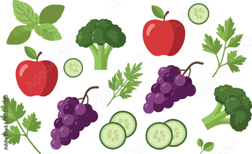 A vibrant and healthy collection of fresh fruits and vegetables, including apples, grapes, broccoli, and herbs in a flat vector design