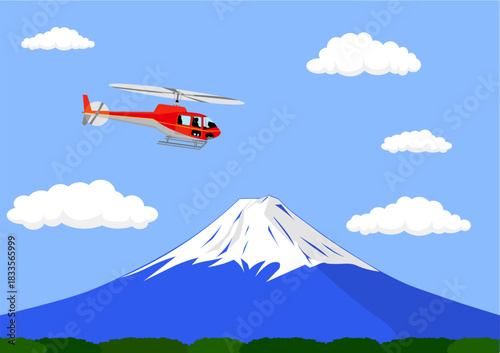 富士山の上空をヘリコプターで飛行する
