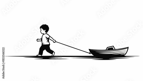Young boy pulling a small boat on a rope.