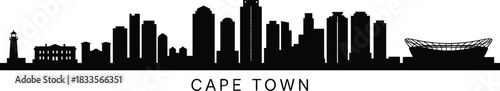 Black silhouette of Cape Town skyline with lighthouse and stadium South Africa black and white