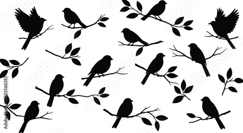 Black silhouettes of birds perched on branches with leaves tree nature
