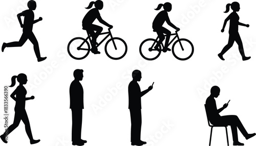 Black silhouettes of people running cycling walking and using phones jogging