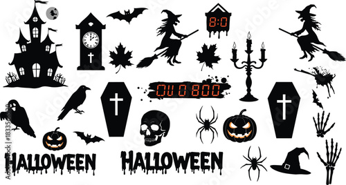 Halloween black silhouettes of haunted castle ghost bats witches spiders pumpkins white haunted house