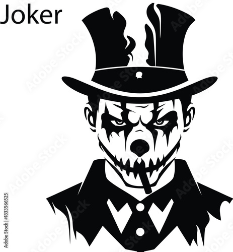 Joker character vector illustration with top hat flames and theatrical makeup in dark graphic outline style