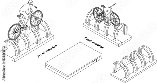 Line art isometric view of cyclist on bike rack and empty bike racks bicycle parking