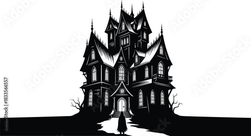 Silhouette of a gothic haunted mansion with a cloaked figure approaching haunted house gothic architecture