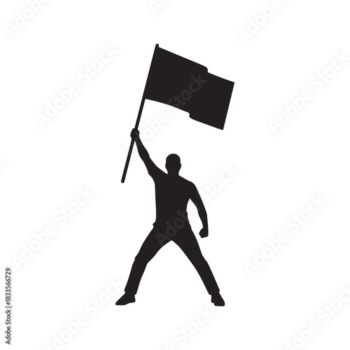 Silhouette of person holding a large waving flag. Vector illustration of a protester, revolutionary, or sports fan raising a banner. Symbol of freedom, victory, and independence isolated on white back