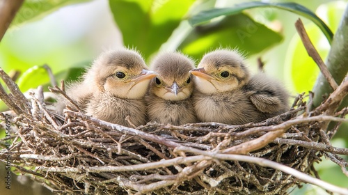 noticeably. A fluffy fledgling bird in a nest, smaller than its siblings, with a soft-focus background. wildlife magazines, conservation campaigns, designed for eco-tourism storytelling.