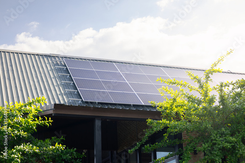 Modern solar panels installed on rooftop surrounded by lush green nature, capturing bright sunlight to generate clean energy. Efficient power production for modern homes and green buildings.