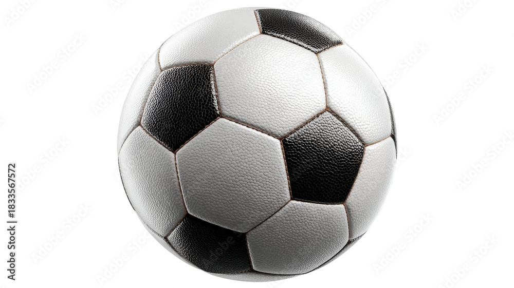 Fototapeta premium Traditional black and white soccer ball with classic hexagonal and pentagonal panels, sporting event equipment on a transparent background
