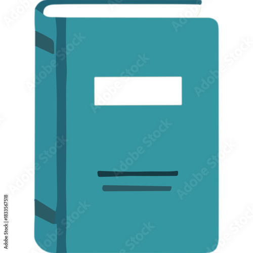 Teal Blue Hardcover Book With Blank Rectangular Label On Cover Isolated On White Studio Background Subtle Lines On Front Panel Book Spine Detail Plain Textbook Cover