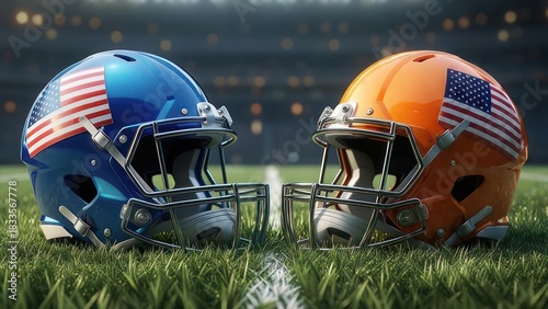 Two football helmets, blue and orange, with American flags, face each other on a grassy field in a stadium