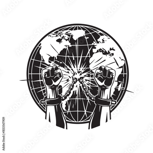 Hands breaking chains in front of planet earth globe. Vector silhouette illustration of raised fists snapping handcuffs. Concept of global freedom, liberation, revolution, and human rights.
