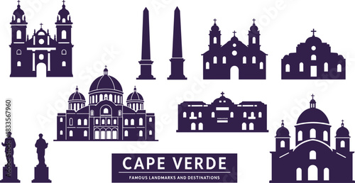 Cape Verde landmarks and monuments purple silhouettes on white background vector