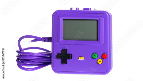 Purple hand-held video game console with cable on a black background, buttons on its lower side