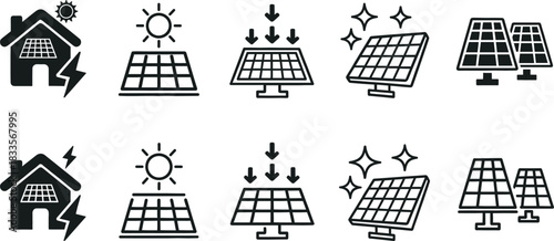Collection of black and white icons representing solar energy and homes solar panel house