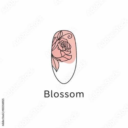 Elegant line art rose blossom nail art design concept.