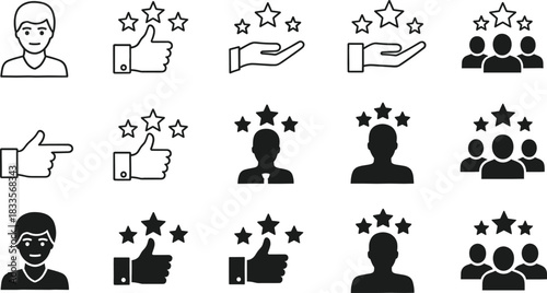 Collection of star rating and user icons with thumbs up and pointing finger hand