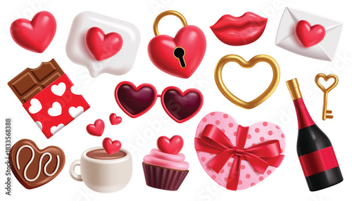 Valentine's day 3d elements clipart set. Set of Valentine's day 3d love element clip art like love letter, heart, wine, kiss mark, gift, chocolate, lock and key icon collection vector illustration.
