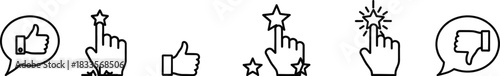 Thumbs up down star rating and click icons set black outline like dislike