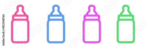 Neon glowing baby bottle vector icons set, feeding, infant, newborn, childcare, nursery, colorful line vector digital design on transparent background.
