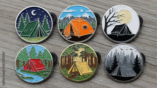 Collection of six round camping enamel pins with diverse nature scenes.