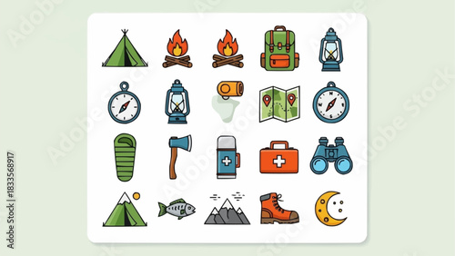 Camping and Hiking Adventure Gear Icons Collection.