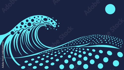 Abstract Blue Ocean Wave Moon Night Illustration with vector illustration