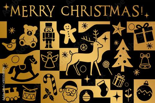 Christmas greetings, holiday themed patchwork collage with festive symbols and icons in black and gold
