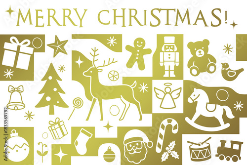 Christmas greetings, holiday themed patchwork collage with festive symbols and icons in white and gold
