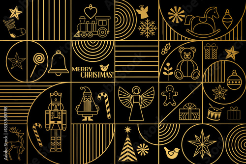 Christmas holiday themed patchwork collage with festive symbols and icons in Art Deco style, black and gold

