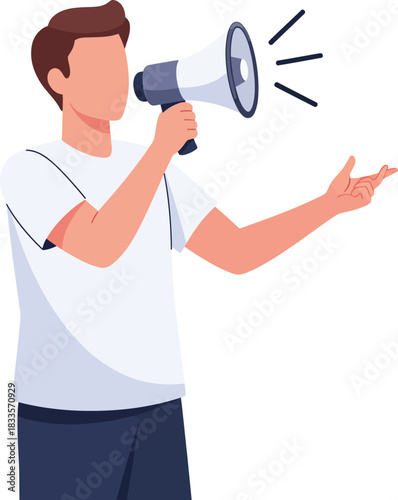 Faceless man in a white tshirt shouting into a megaphone while gesturing.