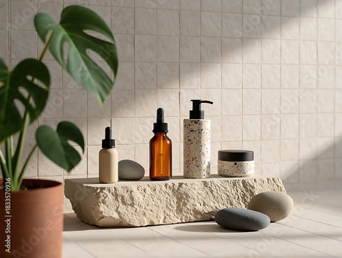 Natural Skincare Products with Terrazzo Texture on Stone Slab Eco Beauty Mockup with Monstera Plant