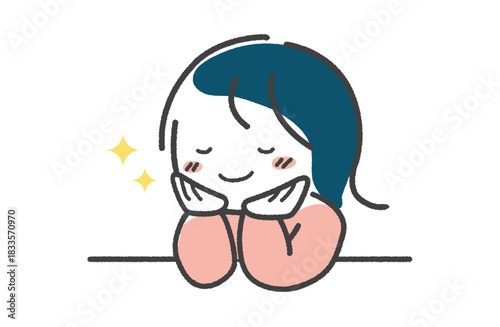 手描き　頬杖をついて何かを期待している女性　キラキラ