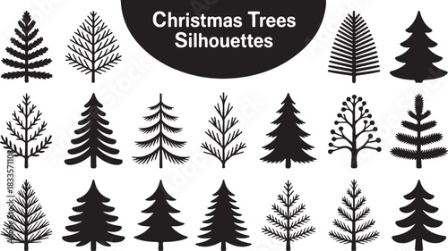 Various stylized evergreen tree silhouettes offer diversity for winter holiday projects and designs