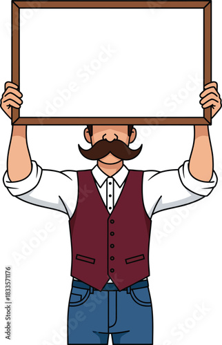 Illustrated vintagestyle man with a handlebar mustache holding a blank wooden frame overhead.