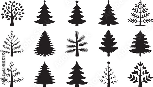 Collection of various tree silhouettes showcasing differing styles and shapes on a transparent background