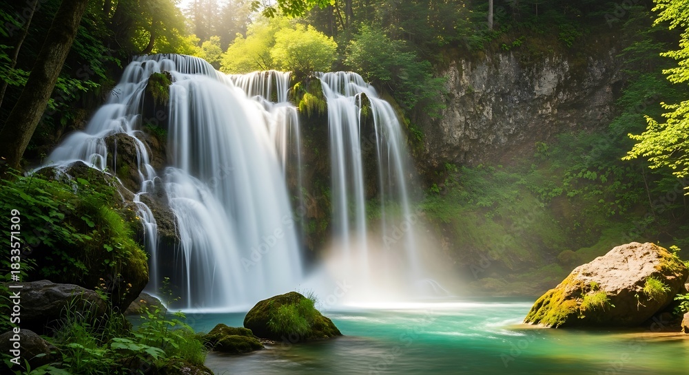 Naklejka premium Majestic cascading waterfall amidst a vibrant green forest, creating a serene, picturesque natural landscape with crystal-clear turquoise waters and lush foliage