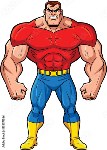 Muscular Cartoon Superhero in Red and Blue with Clenched Fists and an Angry Expression.