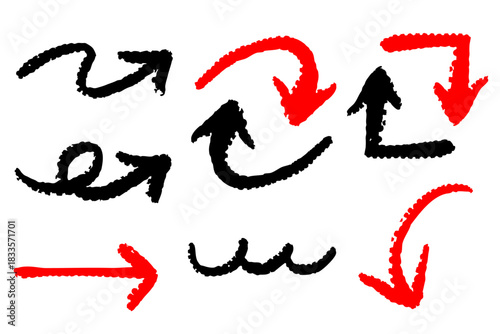 手描き矢印セット：黒と赤のブラシ風アイコン – 多方向インフォグラフィック用