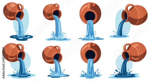 Clay pots pouring water, multiple views