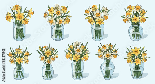 Daffodils in glass vases springtime floral arrangement