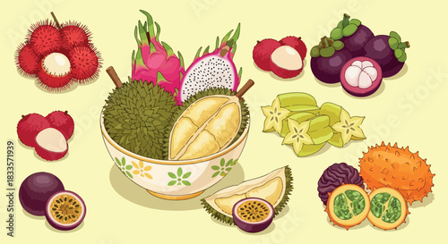 Tropical fruits arrangement in a bowl