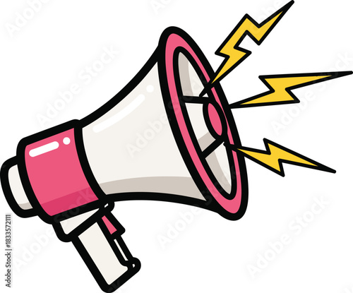 Stylized Pink and White Megaphone with Yellow Lightning Bolt Sound Waves.