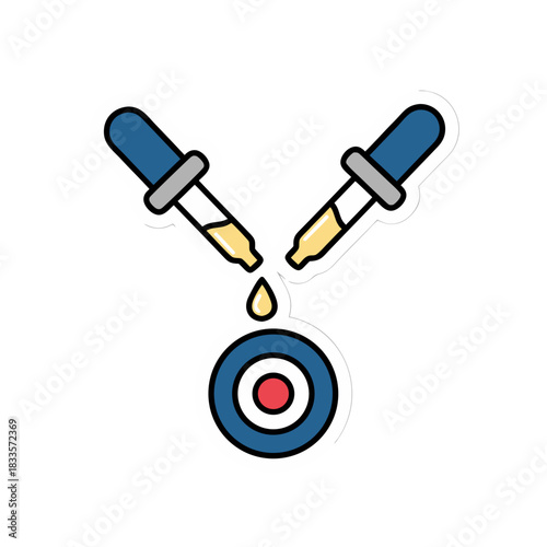 Two Droppers Dripping Yellow Liquid into a Circular Dish with Red Center Against Black Background Scientific Experiment and Research Concept