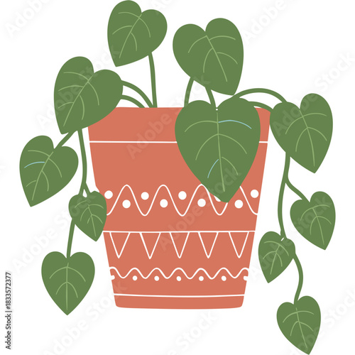 Terracotta Pot with Trailing Green Potted Plant Featuring Decorative White Wavy and Dot Patterns Isolated on Black Background