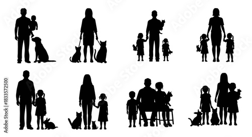 Silhouettes of families with children and pets in various poses.