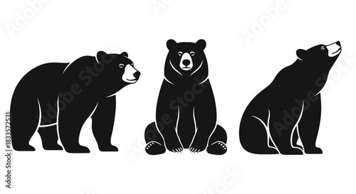 Set of three black bear silhouettes in different poses on a white background.
