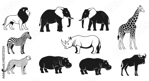 Collection of African Safari Animals in Silhouette Style.